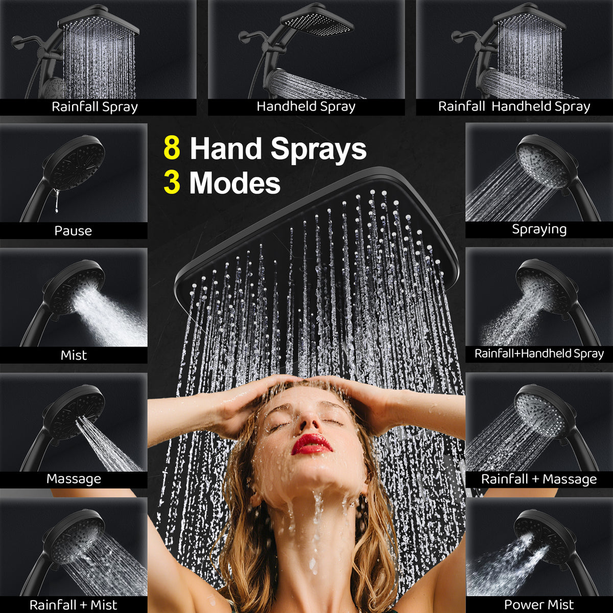 12-Inch High Pressure Rain Shower Head with Handheld Spray Combo - Matte Black