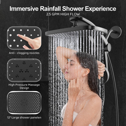12-Inch High Pressure Rain Shower Head with Handheld Spray Combo - Matte Black